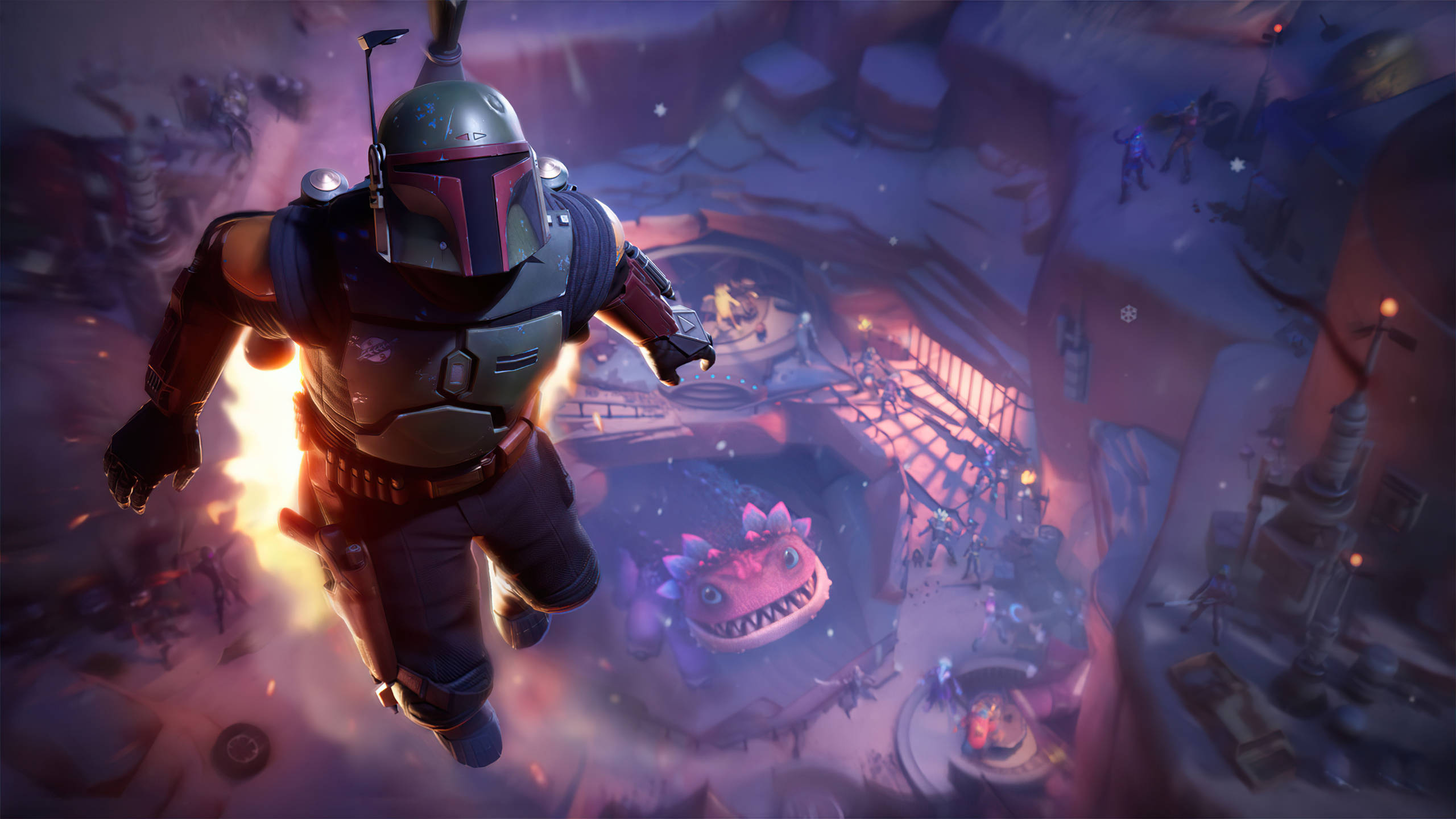 Fortnite 造型 桌布 壁紙 — 一個身穿盔甲的曼達洛戰士跳過熾熱的爆炸，飛越一個有巨大微笑怪物的古怪外星村莊。