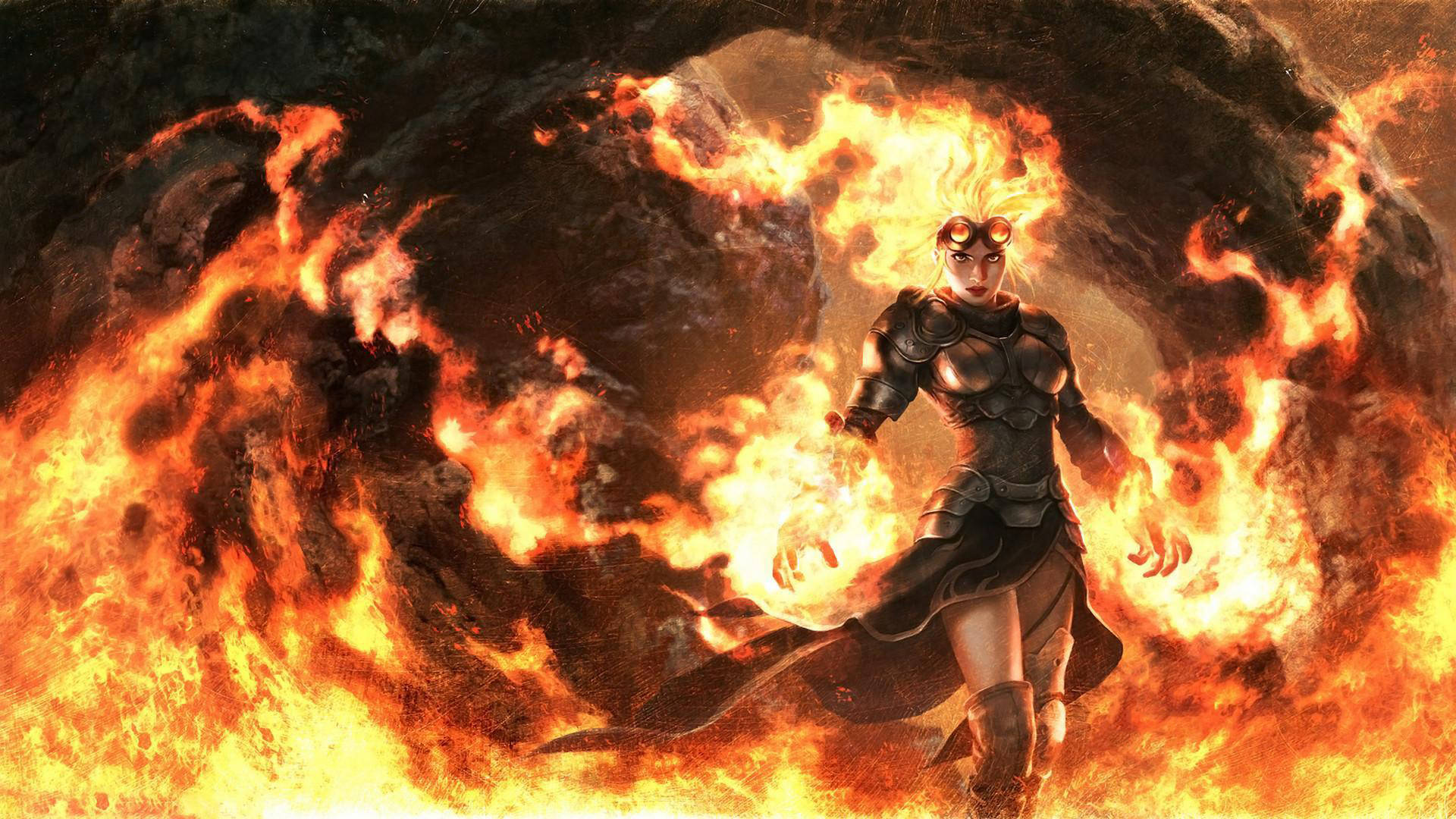 Fire Anime 桌布 壁紙 — 一個身穿盔甲的火焰戰士，站在咆哮的火焰中，頭髮發光，眼神強烈。