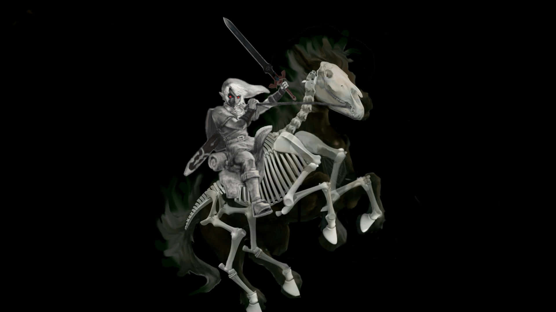 The Legend Of Zelda Epona 桌布 壁紙 — 一個身穿盔甲的骷髏騎士騎著骷髏馬，在黑暗背景下揮舞著劍。