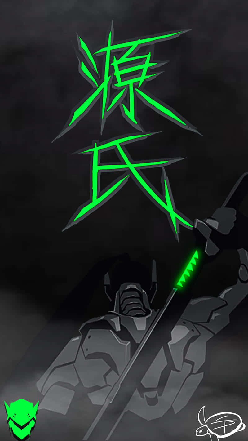 icon 桌布 壁紙 — 一個身穿盔甲的黑暗動漫戰士，在鋸齒狀的霓虹漢字下方握著一把發光的綠色劍，背景是煙霧繚繞的黑色。
