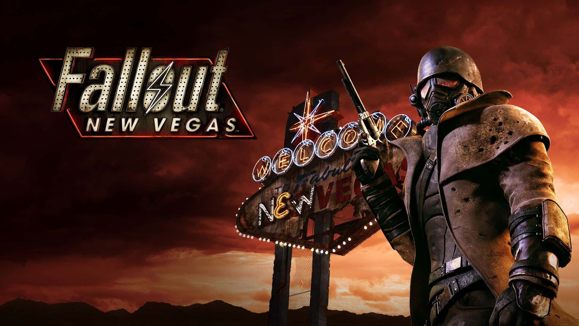 Fallout Nv 桌布 壁紙 — 一個身穿破爛盔甲的廢土倖存者，在火紅的夕陽天空下，站在一個破損的霓虹燈招牌 'Welcome to New Vegas' 旁邊。