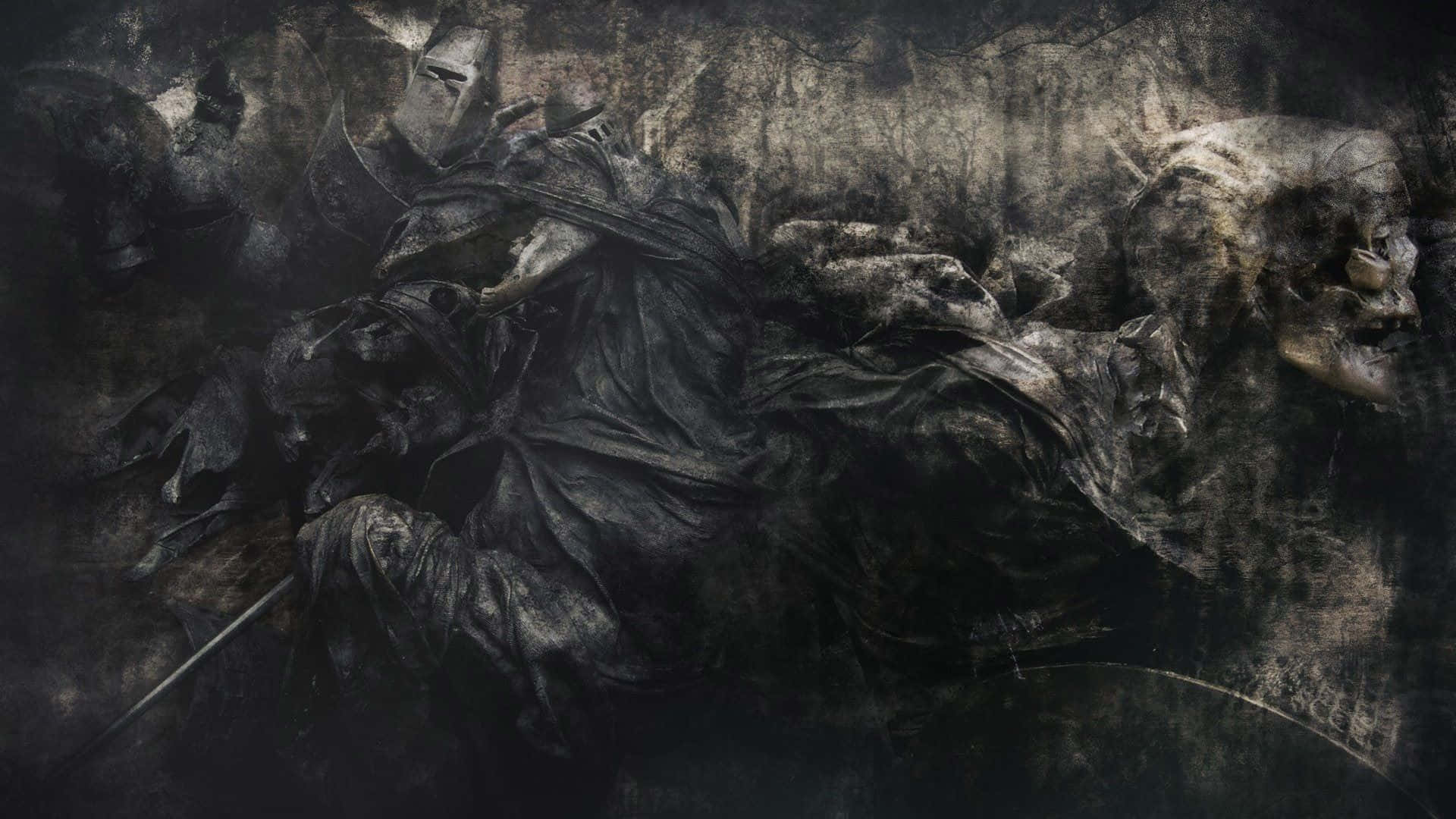 Dark Gothic 桌布 壁紙 — 一個身穿破爛盔甲的陰沉騎士，在陰沉天空下，倒臥在腐朽的廢墟中。