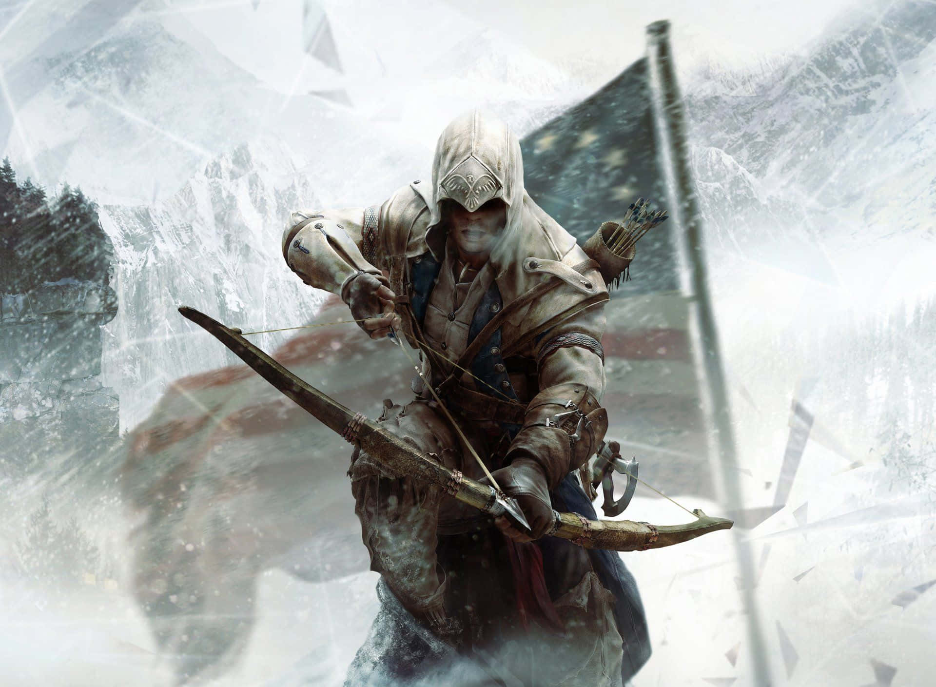 Connor Kenway 桌布 壁紙 — 一個身穿破爛長袍的戴帽刺客，在雪山背景下拉弓，旗幟隨風飄揚。