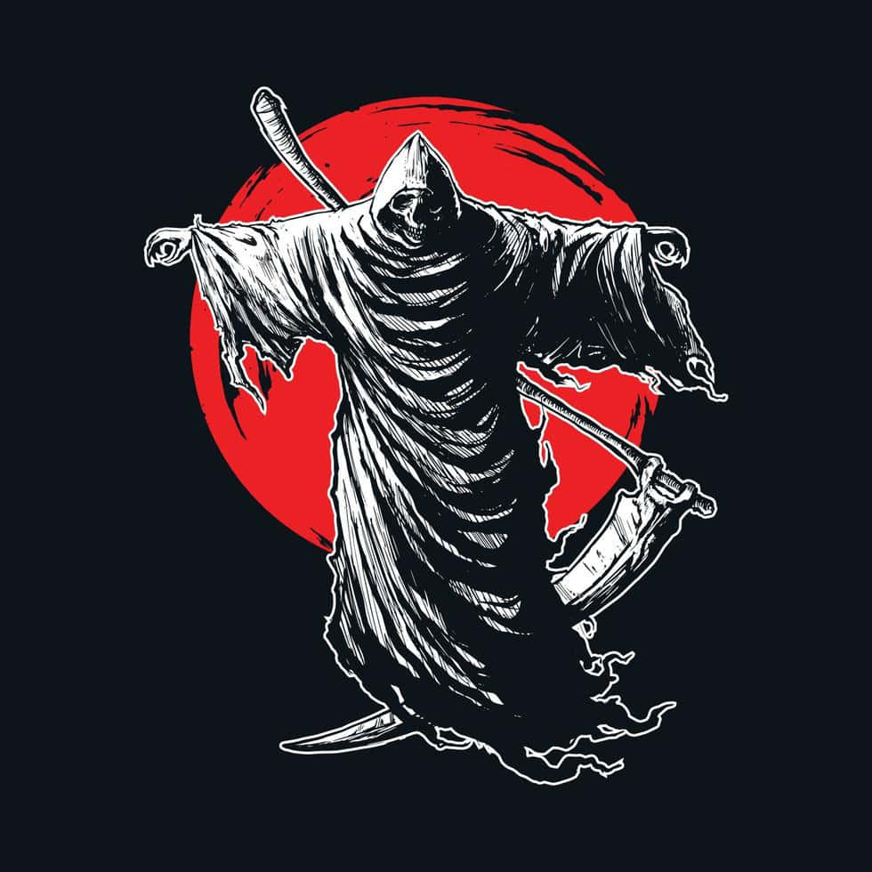 骷髏動圖 桌布 壁紙 — 一個身穿破爛長袍的骷髏死神，在黑色背景上揮舞著鐮刀，對抗著大膽的紅色太陽。