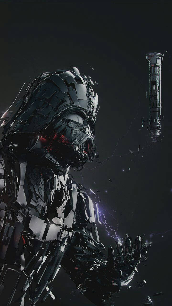 star wars 4K iPhone 桌布 壁紙 — 一個身穿破碎盔甲的威脅性達斯維達站在黑暗虛空中，閃電在他手周圍劈啪作響，遠處有一座塔樓隱現。