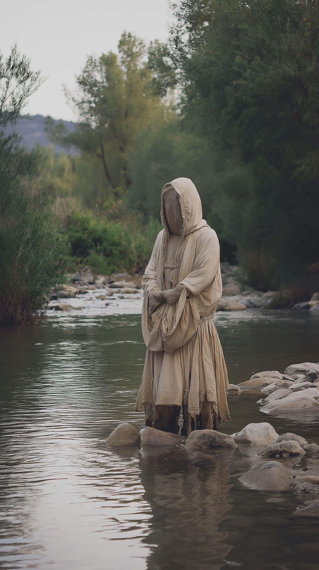 Hooded Figure Standing in River - Mysterious Nature Spirit 壁紙 — 一個身穿米色長袍的戴帽身影靜止地站在河石上，水流繞過他們的腳，周圍是森林山谷。