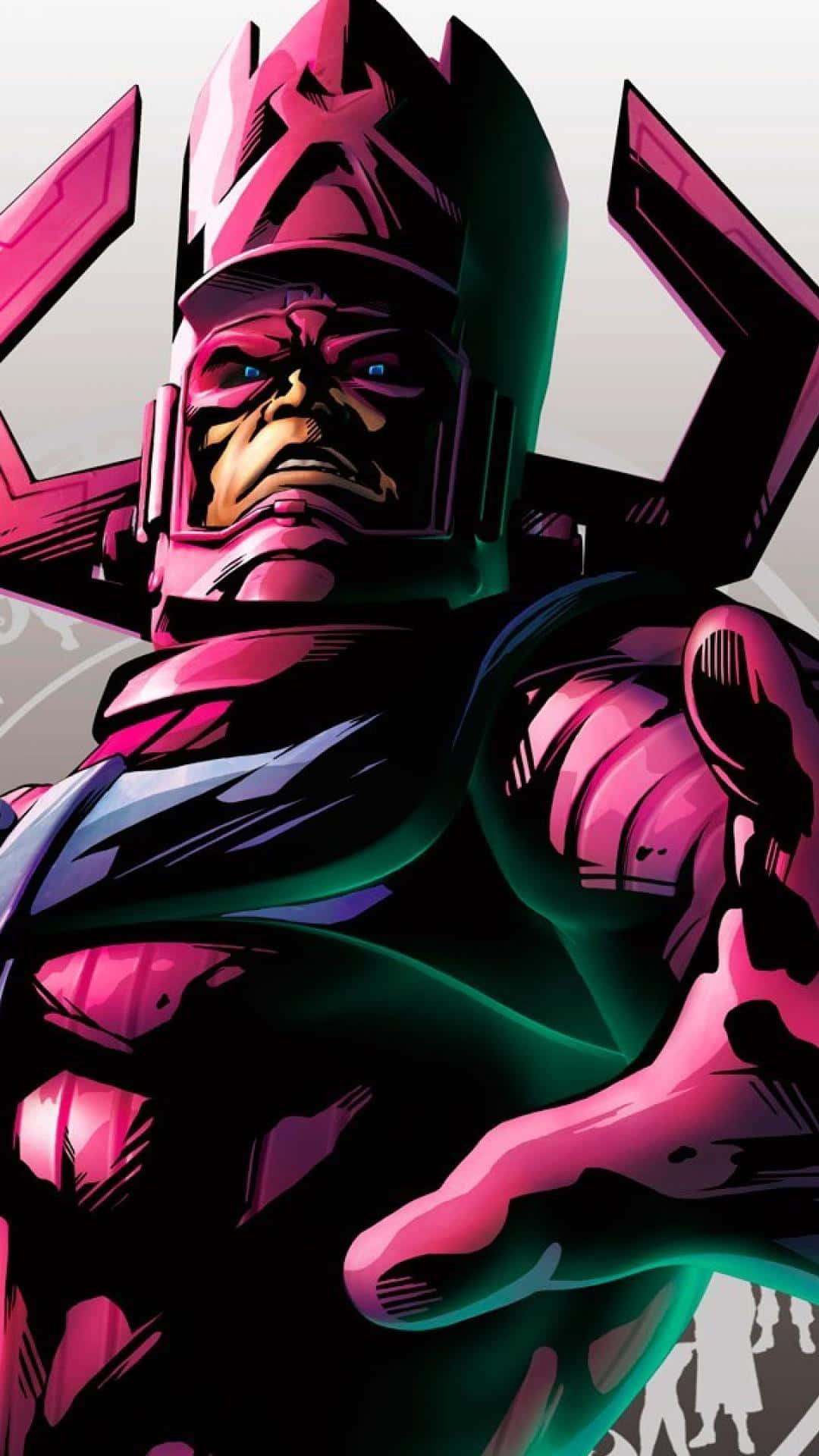 Galactus 桌布 壁紙 — 一個身穿粉紅色和綠色裝甲服、眼睛發光、頭戴尖刺頭盔的威脅性漫畫反派。