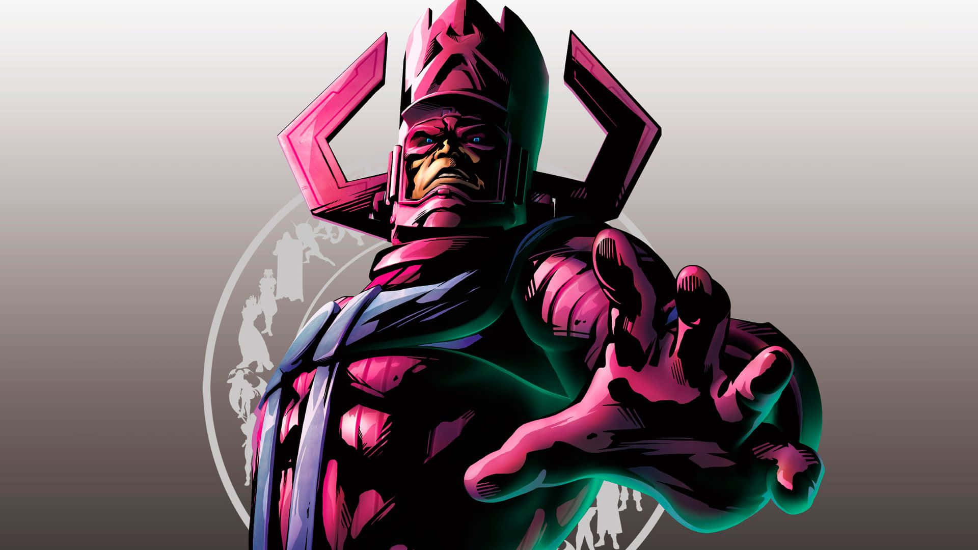 Galactus 桌布 壁紙 — 一個身穿粉紅色和藍綠色裝甲服、威嚇的漫畫反派，在漸變背景前伸出一隻戴著手套的手。