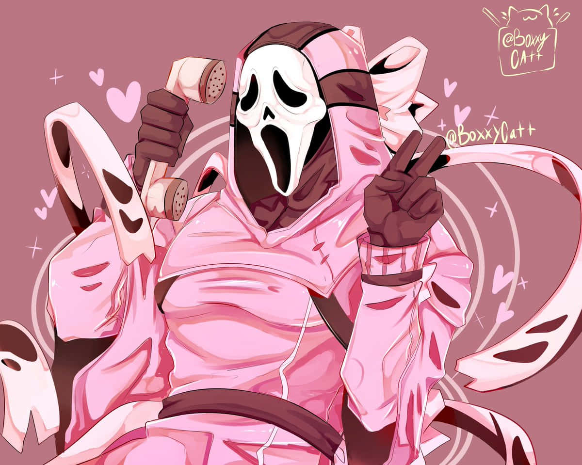 Cute Ghost 桌布 壁紙 — 一個身穿粉紅色服裝的 Ghostface 角色，在漂浮的心形和漩渦中揮舞著蓮蓬頭並比出和平手勢。