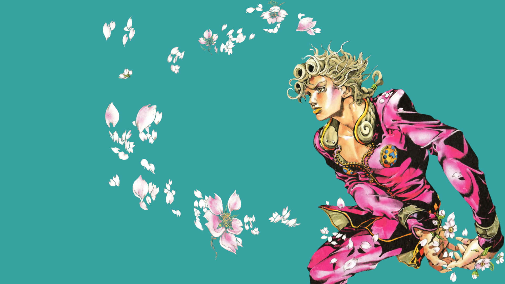Jojo's Bizarre Adventure 桌布 壁紙 — 一個身穿粉紅色盔甲的動態動漫角色蹲在漂浮的櫻花中，背景是藍綠色。