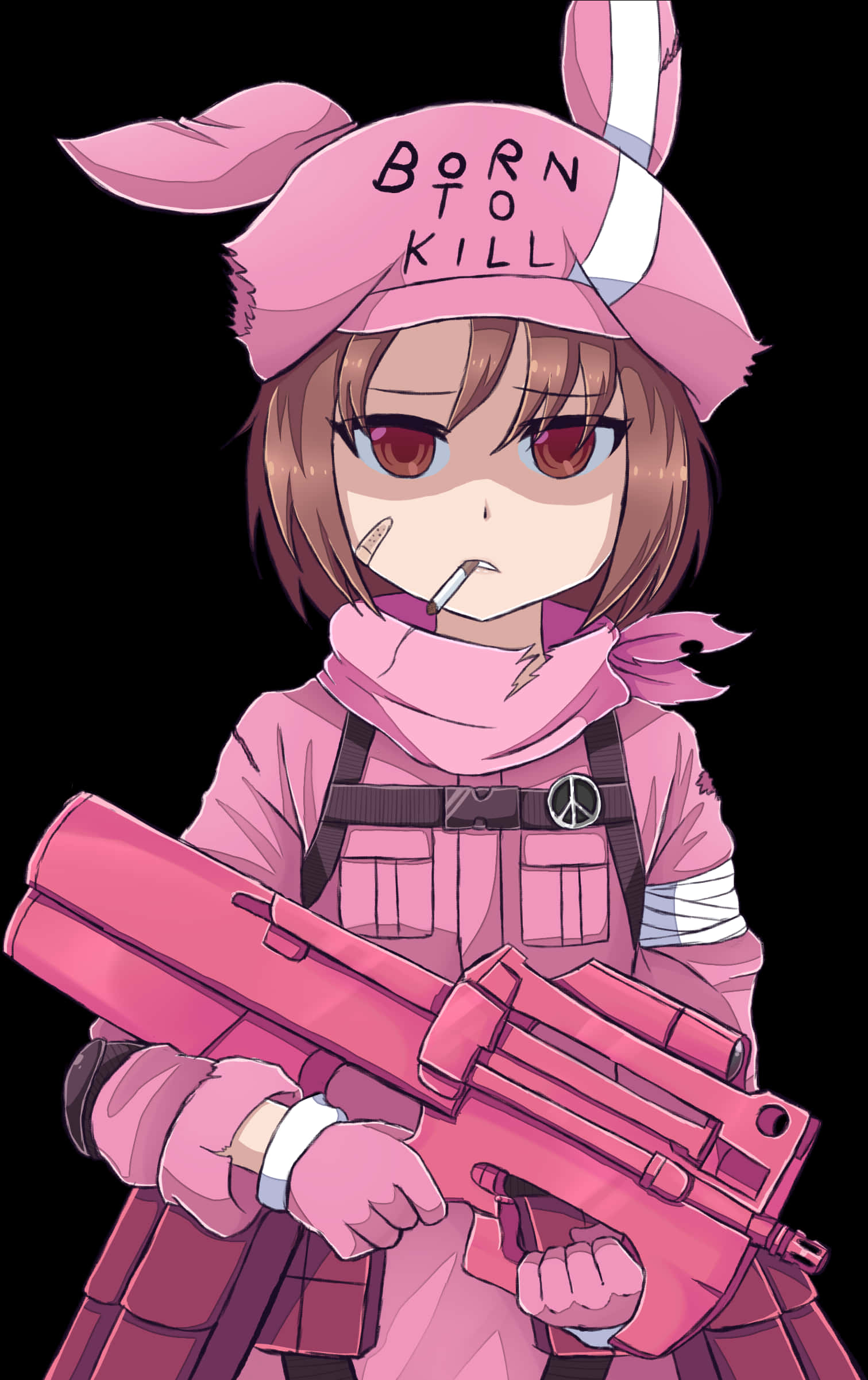 Anime Render 桌布 壁紙 — 一個身穿粉紅色衣服、戴著兔耳和香煙的動漫女孩，在黑色背景前拿著一把粉紅色步槍。