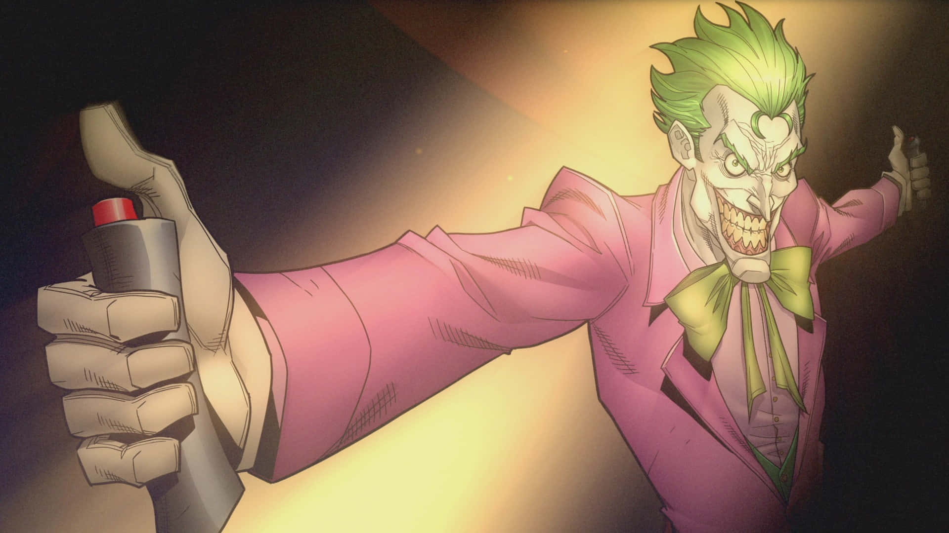 Cartoon Villains 桌布 壁紙 — 一個身穿粉紅色西裝和綠色領結的動畫小丑，在戲劇性的聚光燈下帶著邪惡的笑容手持炸彈。