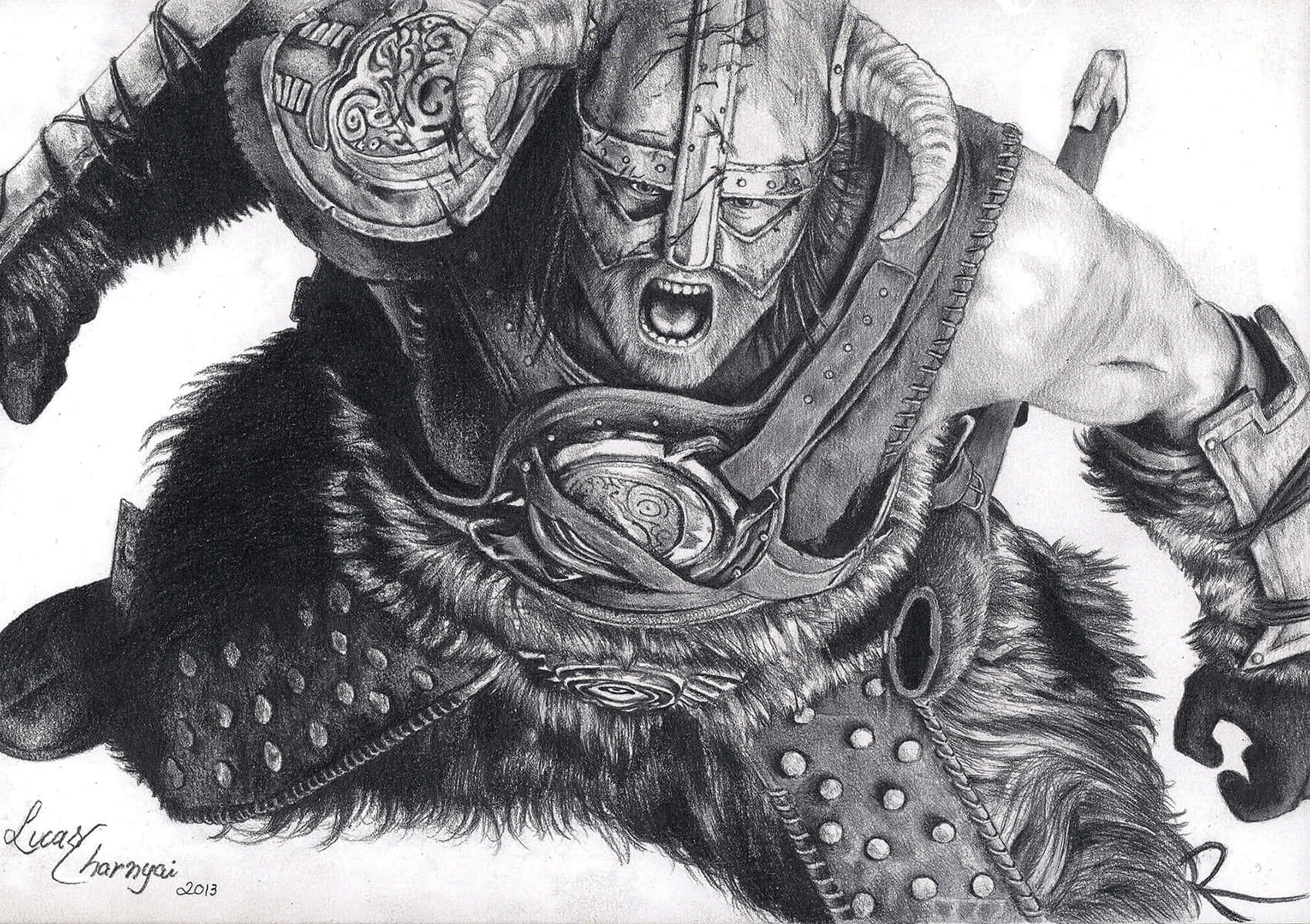 dovahkiin 桌布 壁紙 — 一個身穿精細盔甲的兇猛維京戰士，在動態木炭素描中激烈咆哮。