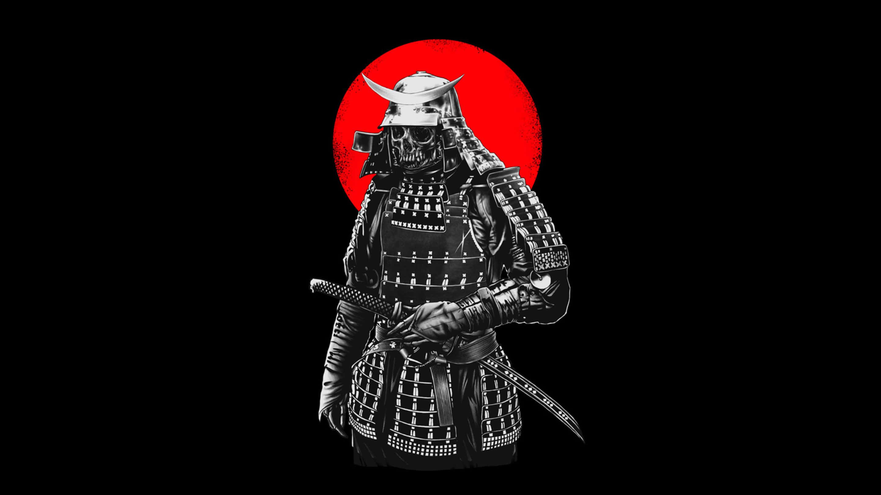 Samurai Armor 桌布 壁紙 — 一個身穿精細黑色盔甲的骷髏武士，在黑色背景上襯著一輪鮮紅的太陽。