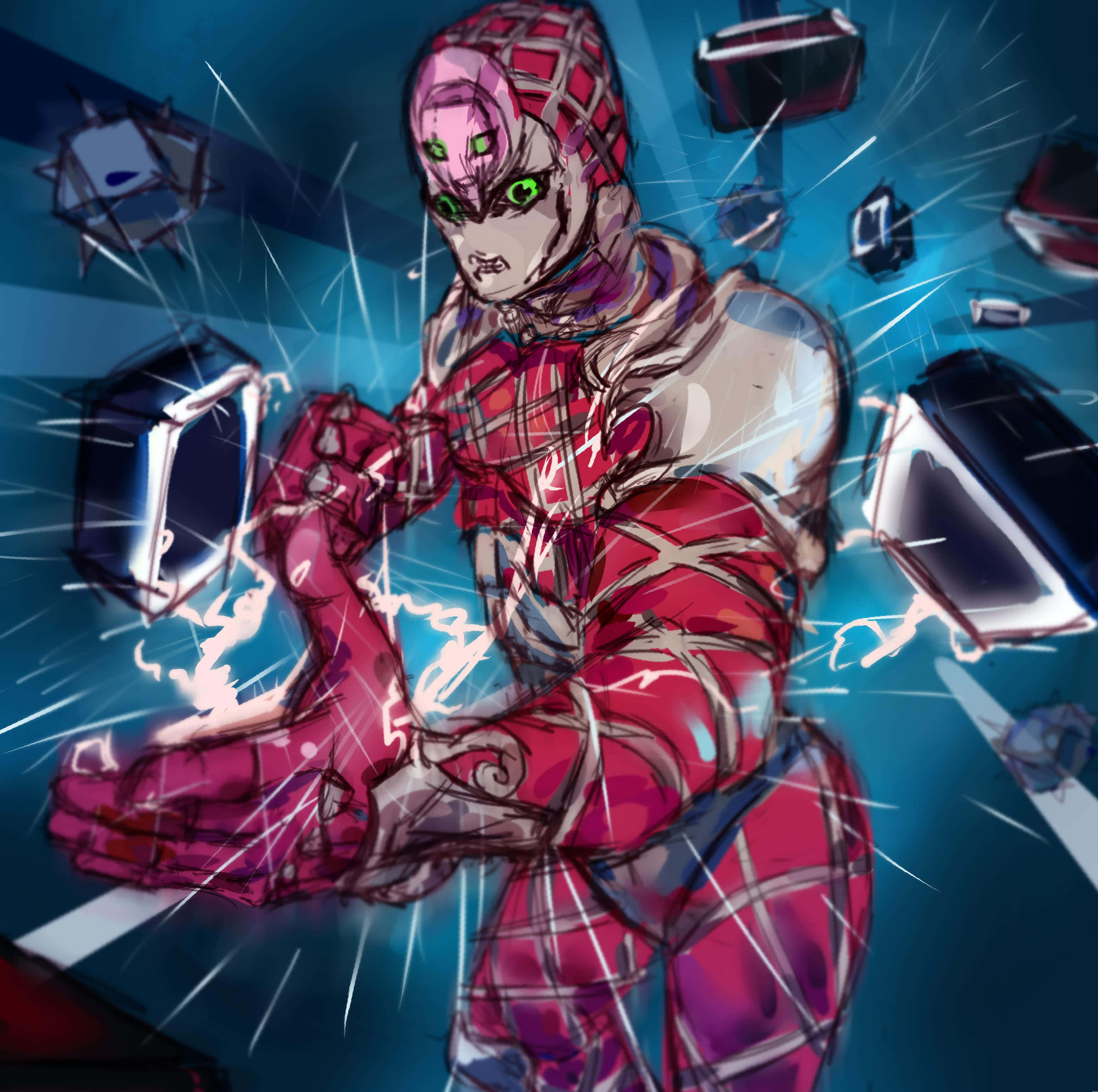Jojo King Crimson 桌布 壁紙 — 一個身穿紅粉鎧甲、眼睛發出綠光的兇猛動漫角色，在藍色背景的破碎立方體中釋放能量。