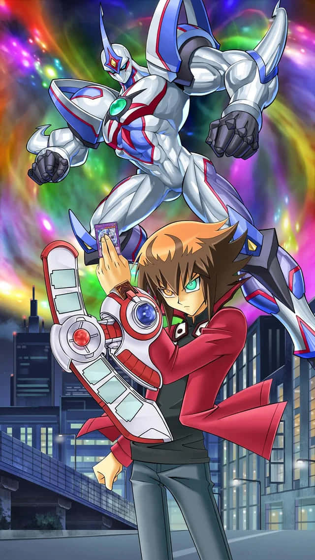 Jaden Yuki 桌布 壁紙 — 一個身穿紅色外套、意志堅定的動畫男孩，在充滿活力的宇宙城市景觀中召喚出高聳的銀藍色機器人。