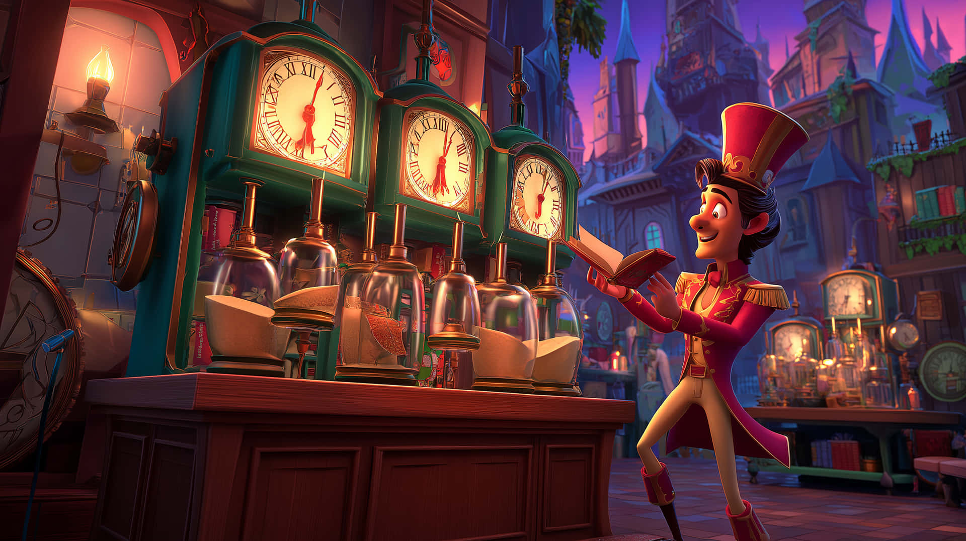 Timekeeper's Workshop 壁紙 — 一個身穿紅色外套和高帽的愉快動畫鐘錶匠，在一個奇思妙想的工坊裡，在發光的時鐘和玻璃圓頂旁看書。