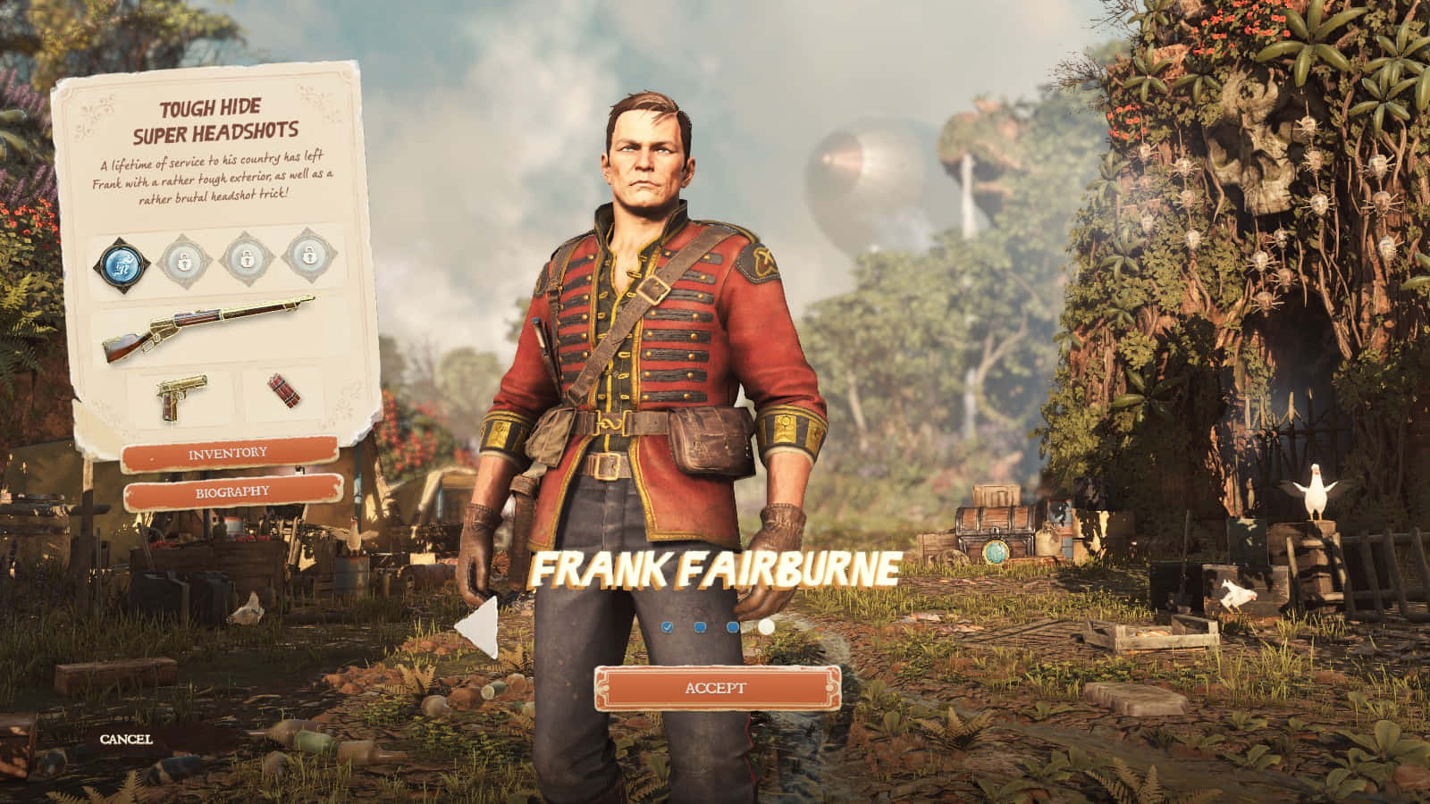 game 桌布 壁紙 — 一個身穿紅色外套的強壯士兵站在茂密的叢林中，遊戲介面顯示他的統計數據和物品欄。