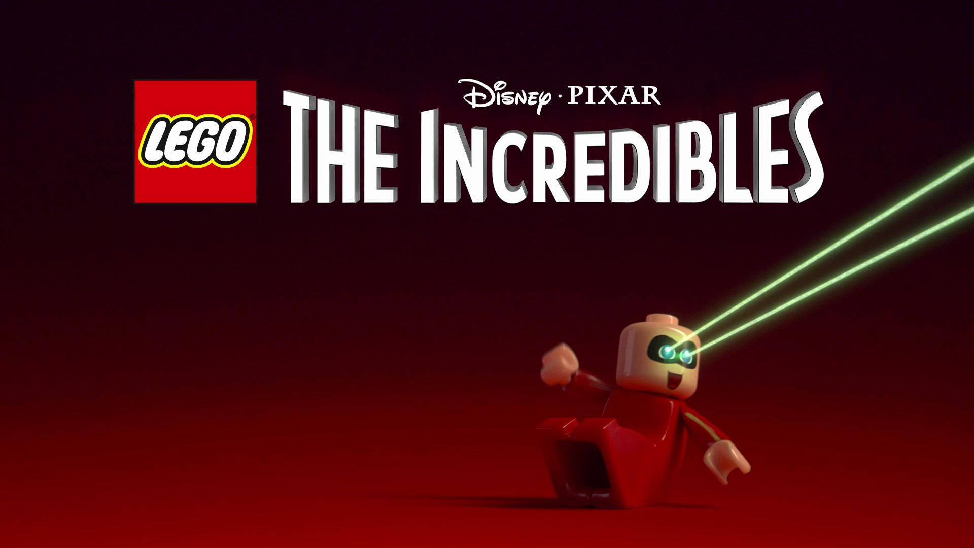 The Incredibles 桌布 壁紙 — 一個身穿紅色套裝的LEGO超級英雄人偶在深紅色漸變背景上發射綠色雷射光束，並帶有LEGO和Disney Pixar標誌。