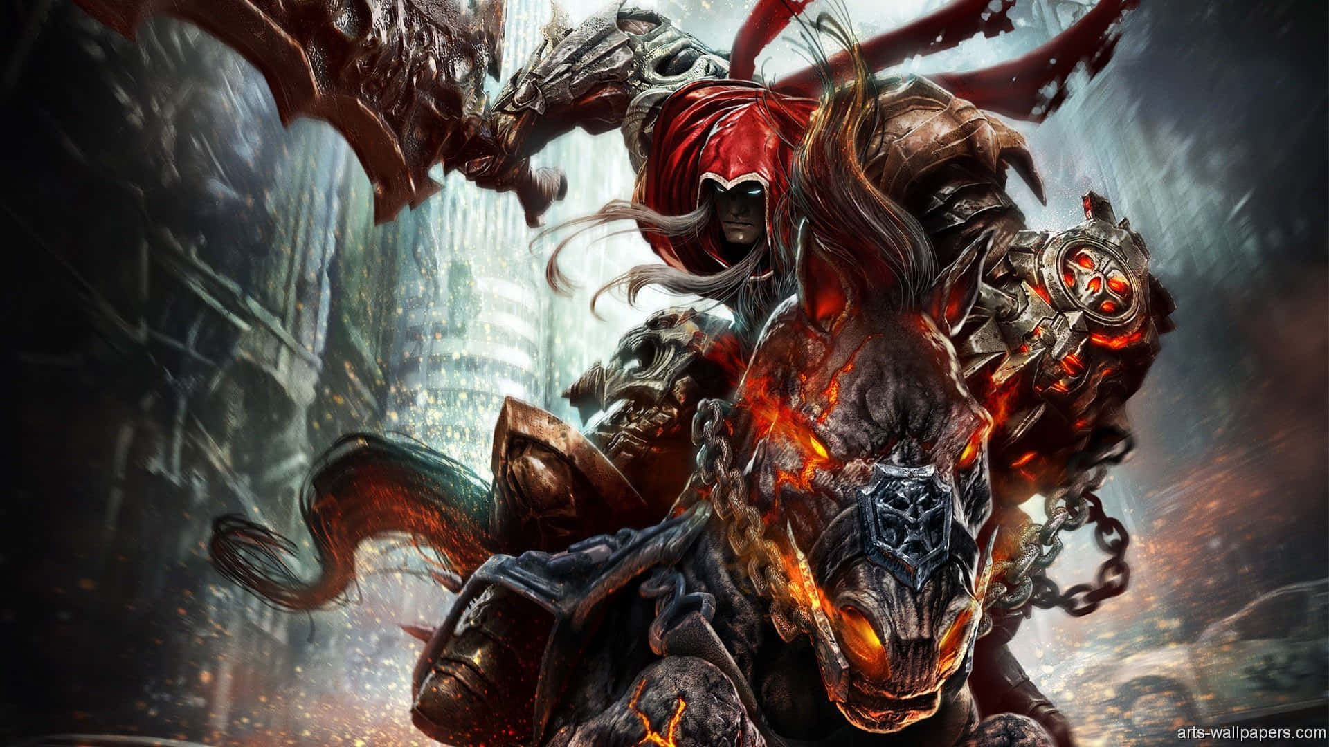Best Gaming 桌布 壁紙 — 一個身穿紅色斗篷和盔甲的惡魔騎士，騎著一匹燃燒的骷髏馬，衝過破碎的城市景觀。