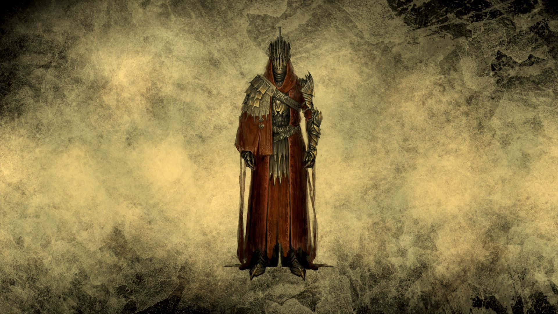 Lotr 桌布 壁紙 — 一個身穿紅色斗篷的威嚇盔甲騎士獨自站在紋理粗糙的黃灰色背景前。