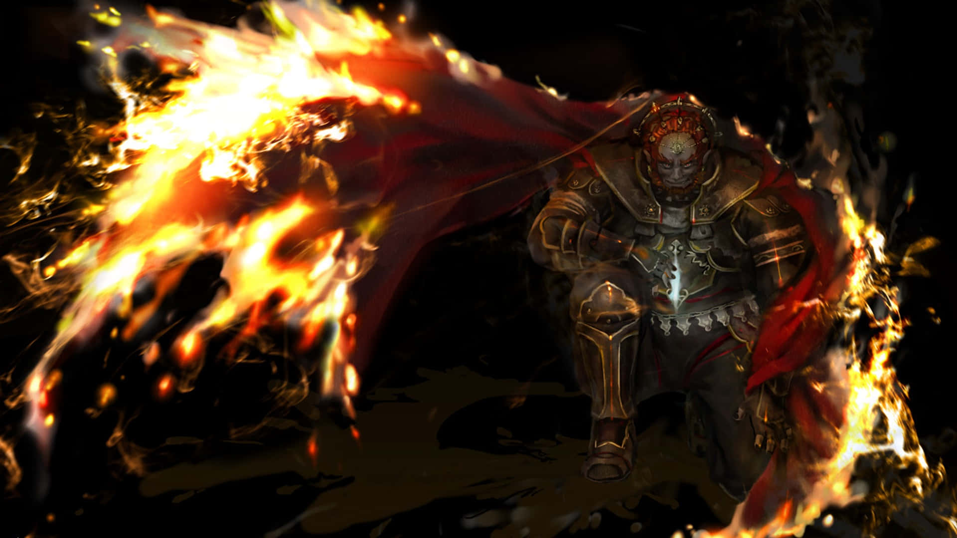 Ganondorf 桌布 壁紙 — 一個身穿紅色斗篷的黑暗裝甲戰士在黑色背景中被咆哮的火焰吞噬。