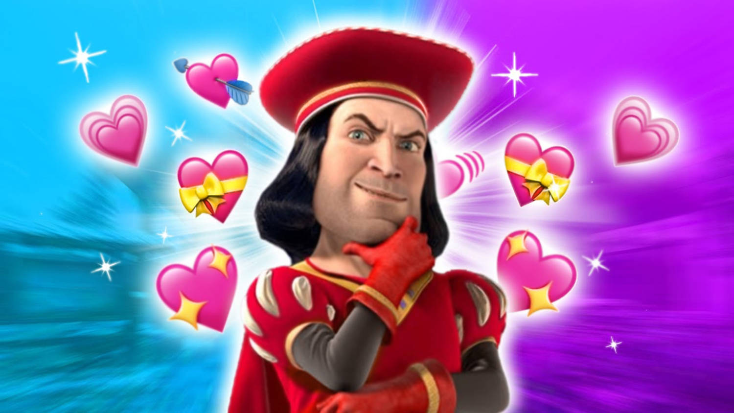 Lord Farquaad 桌布 壁紙 — 一個身穿紅色服裝的卡通角色，帶著頑皮的笑容，被漂浮的心形和閃光環繞，背景是鮮豔的藍色和紫色。