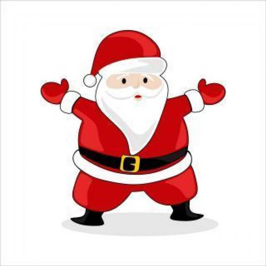 Santa Claus 桌布 壁紙 — 一個身穿紅色白邊西裝和黑色靴子的快樂卡通聖誕老人，在純白色背景前張開雙臂站立。