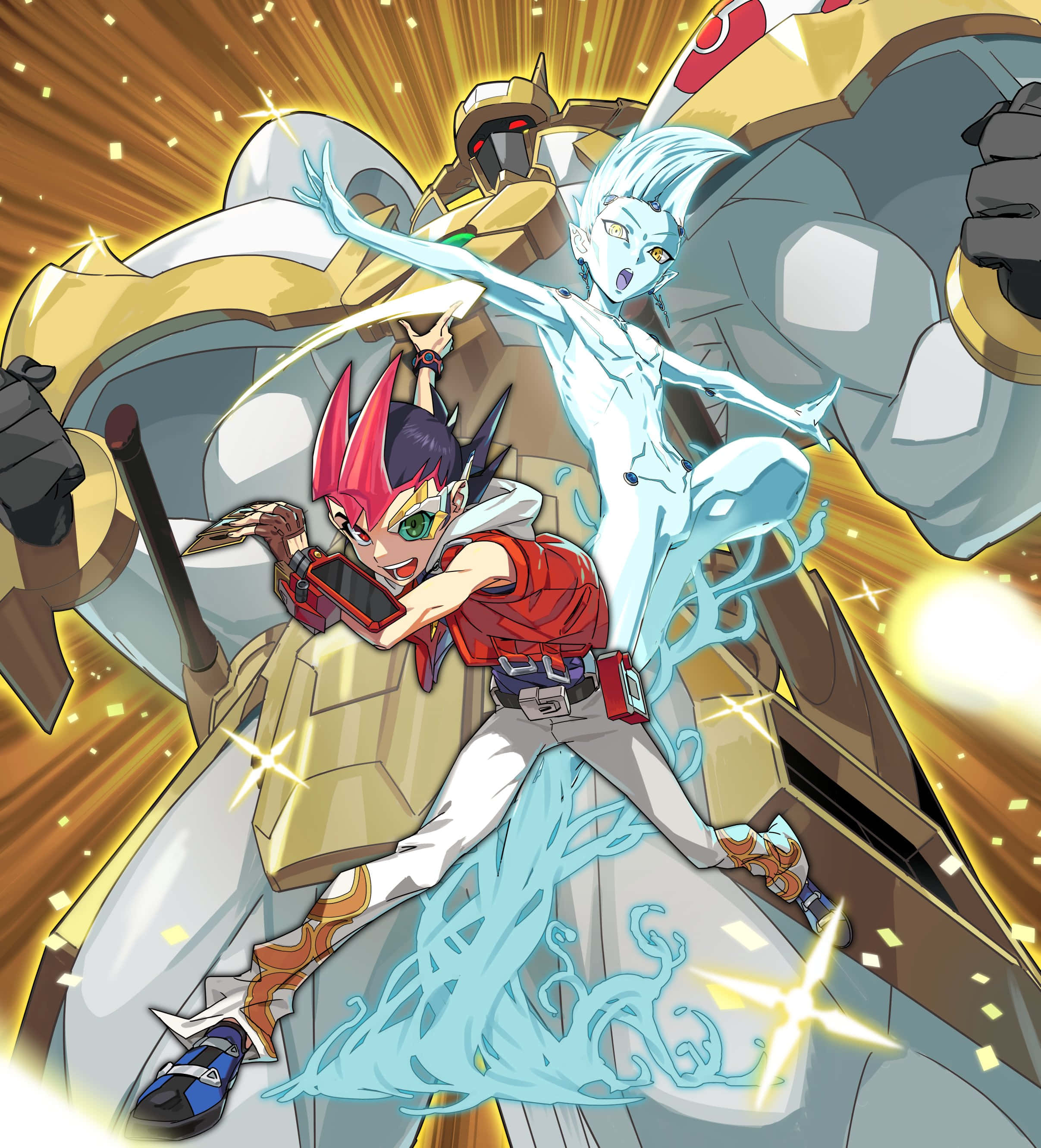 Yuma Tsukumo 桌布 壁紙 — 一個身穿紅色的動態動漫角色啟動一張發光的卡牌，而藍色能量靈體和巨型機器人在他們身後於燦爛的金色背景中戰鬥。