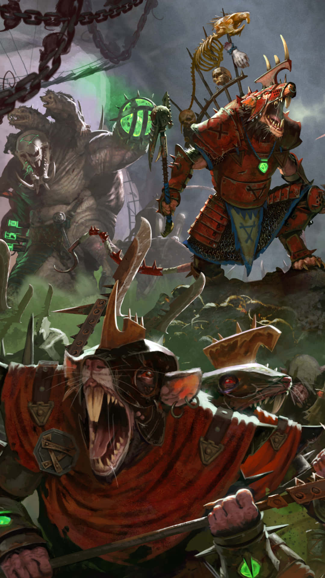 iPhone X Total War Warhammer Ii 桌布 壁紙 — 一個身穿紅色盔甲、兇猛如鼠的戰士咆哮著向前衝，骷髏戰士和怪獸在黑暗、鎖鏈纏繞的戰場上激戰。