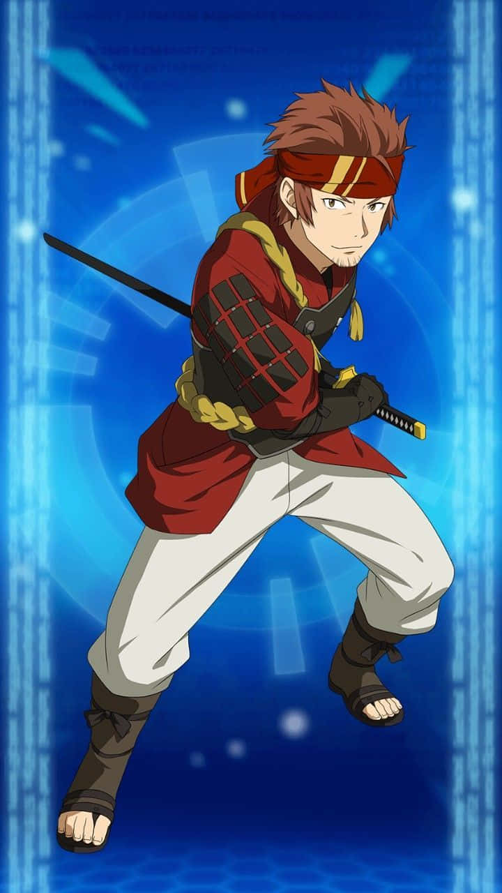 Ryoutarou Tsuboi 桌布 壁紙 — 一個身穿紅色盔甲、意志堅定的動漫武士，在發光的藍色數位背景前揮舞著武士刀。