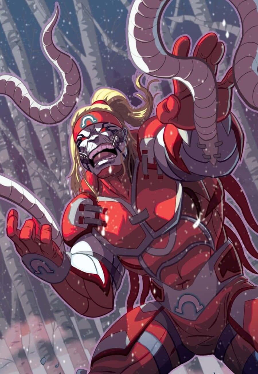 Omega Red 桌布 壁紙 — 一個身穿紅色盔甲、擁有巨大觸手的兇猛動漫戰士，在星空下的雪林中戰鬥。