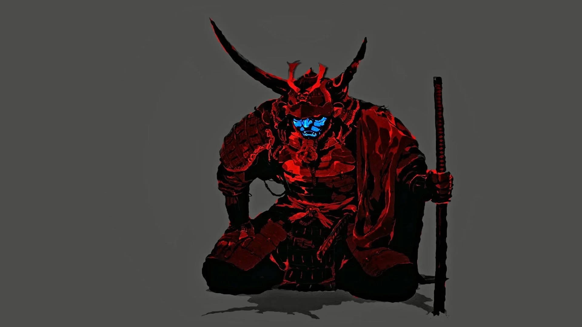 Oni 桌布 壁紙 — 一個身穿紅色盔甲、擁有發光藍色眼睛的威脅性武士惡魔，跪著手持法杖，背景為深灰色。