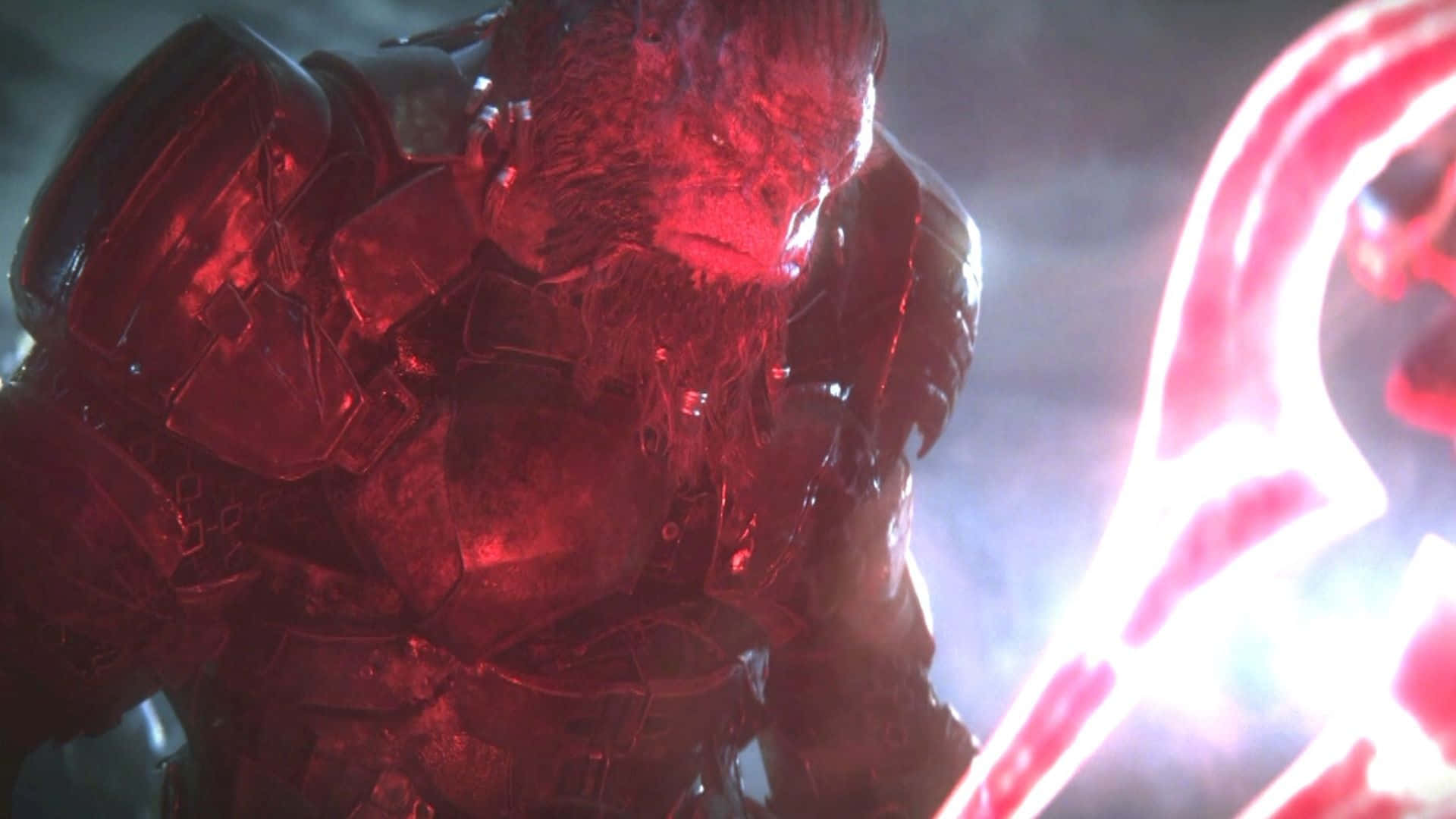 Atriox 桌布 壁紙 — 一個身穿紅色盔甲、眼睛發光、手持明亮能量劍的威嚇戰士，在煙霧瀰漫的戰鬥場景中。