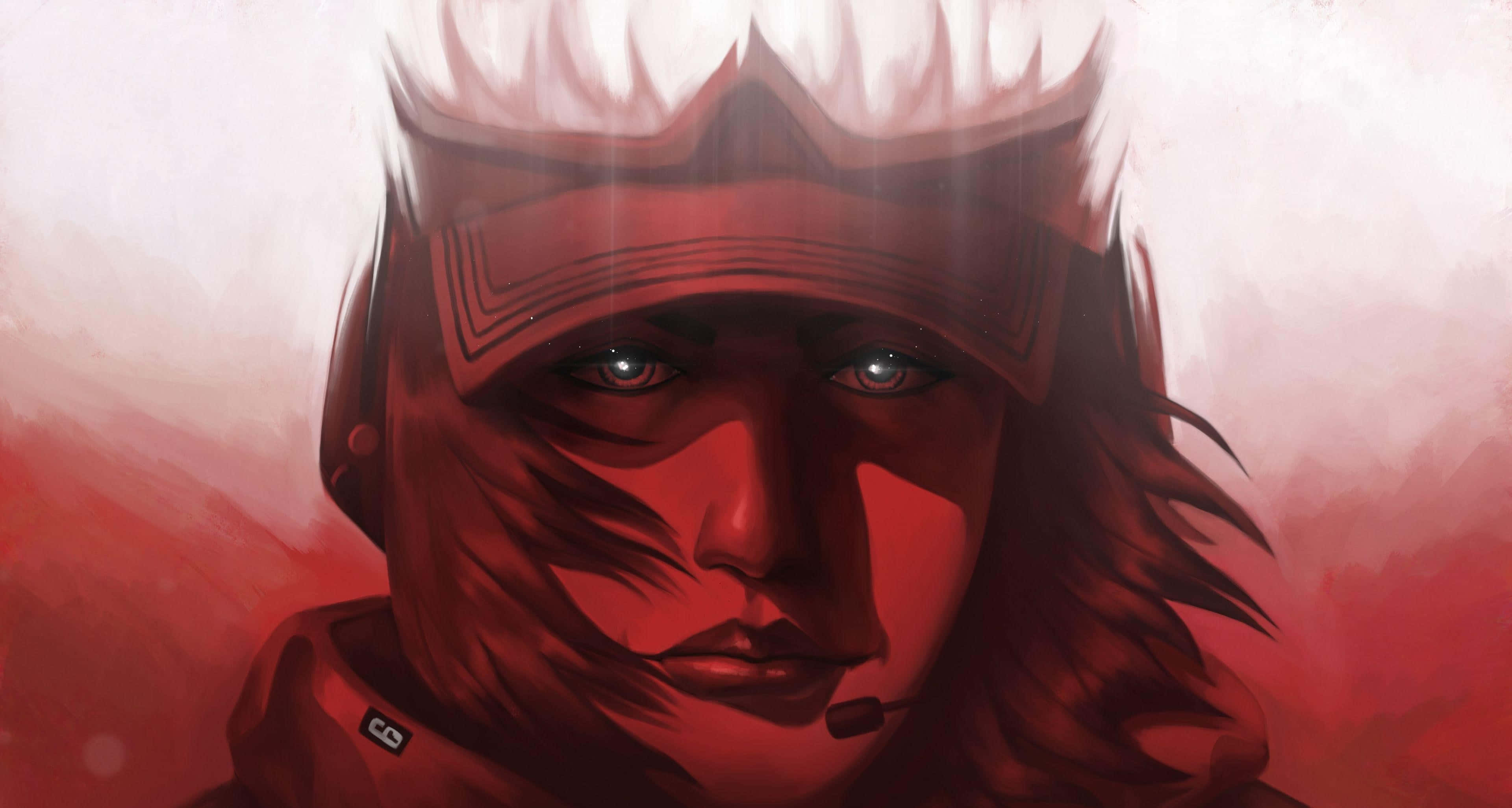 Ela R6 桌布 壁紙 — 一個身穿紅色盔甲、眼睛發光、頭戴火焰王冠的兇猛戰士，背景是煙霧瀰漫的深紅色。