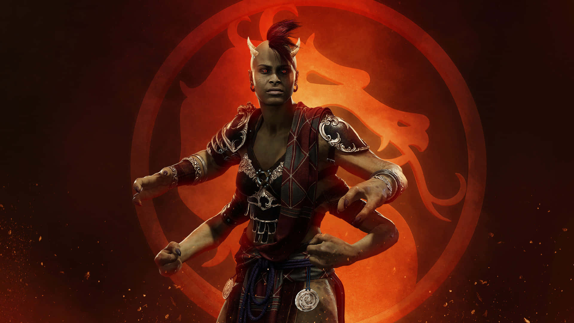 Mortal Kombat Sheeva 桌布 壁紙 — 一個身穿紅色盔甲、頭上有角的兇猛戰士，在黑暗背景前，站在一個發光的橙色龍徽章前。