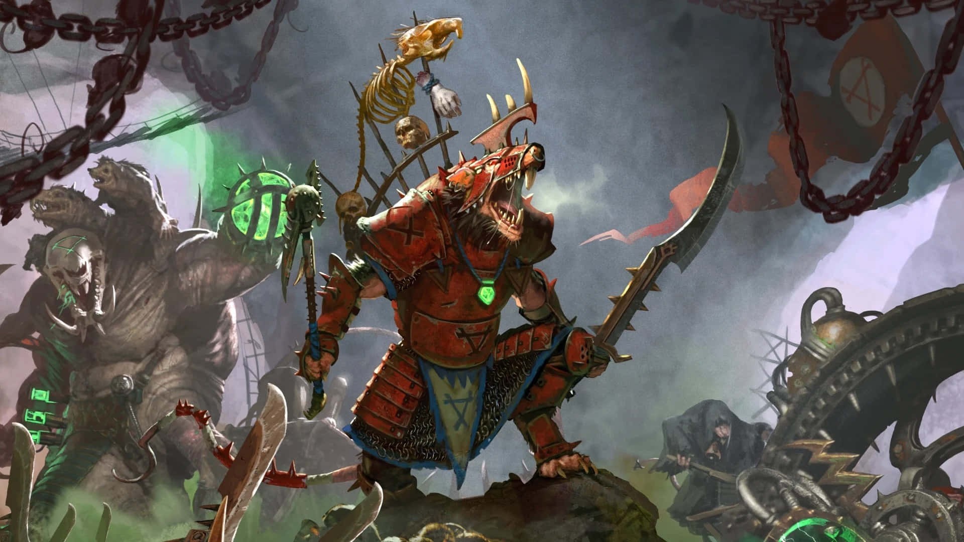 HD Total War Warhammer Ii 桌布 壁紙 — 一個身穿紅色盔甲、頭戴尖刺頭盔、手持發光綠色武器的兇猛戰士，站在混亂的戰鬥場景中，周圍有鎖鏈和怪物盟友。