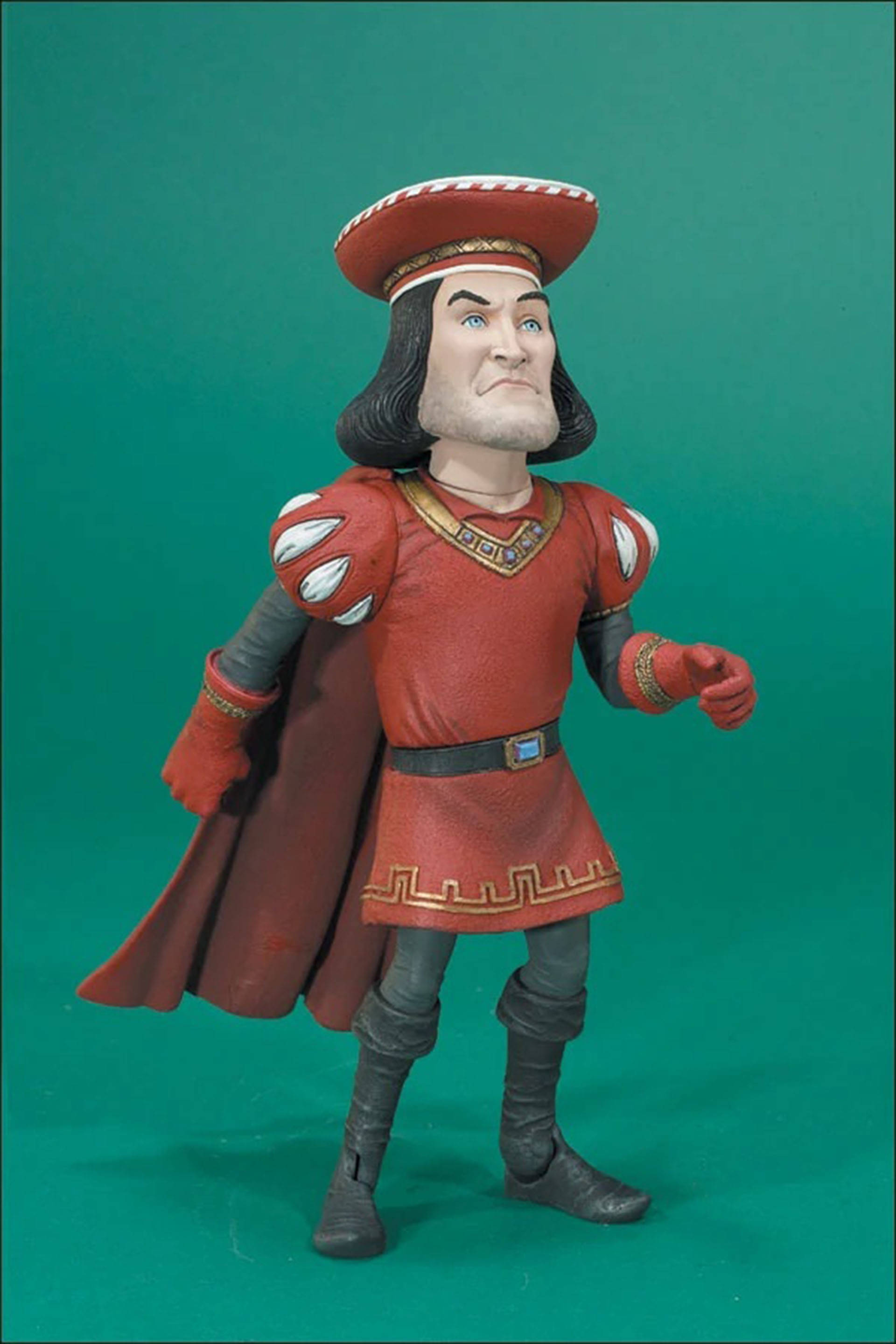 Lord Farquaad 桌布 壁紙 — 一個身穿紅色盔甲和帽子的中世紀騎士精細人偶，站在純綠色背景前。