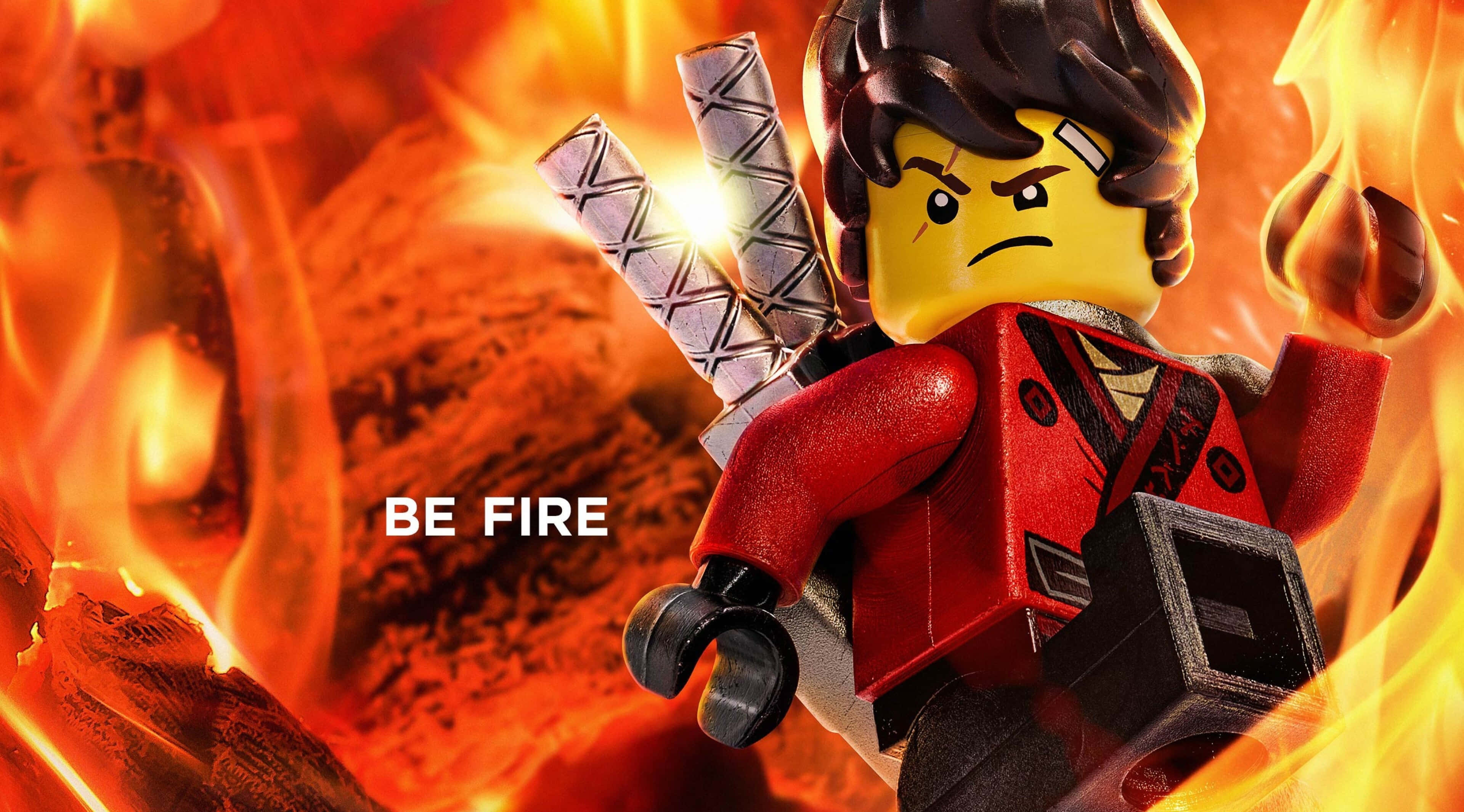 Animated 桌布 壁紙 — 一個身穿紅色盔甲的LEGO忍者戰士，在熊熊烈火中交叉雙劍，表情堅定，傲然挺立。