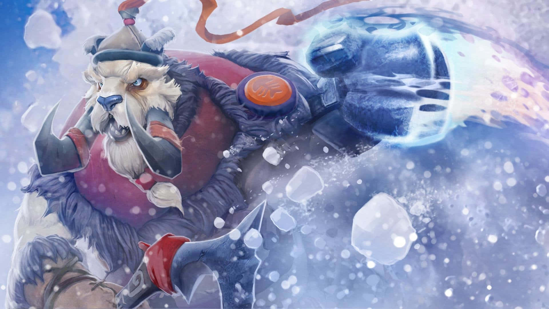 1920x1080 Dota 2 桌布 壁紙 — 一個身穿紅色盔甲的兇猛雪獸戰士，在雪花和冰屑的暴風雪中揮舞著發光的冰錘。