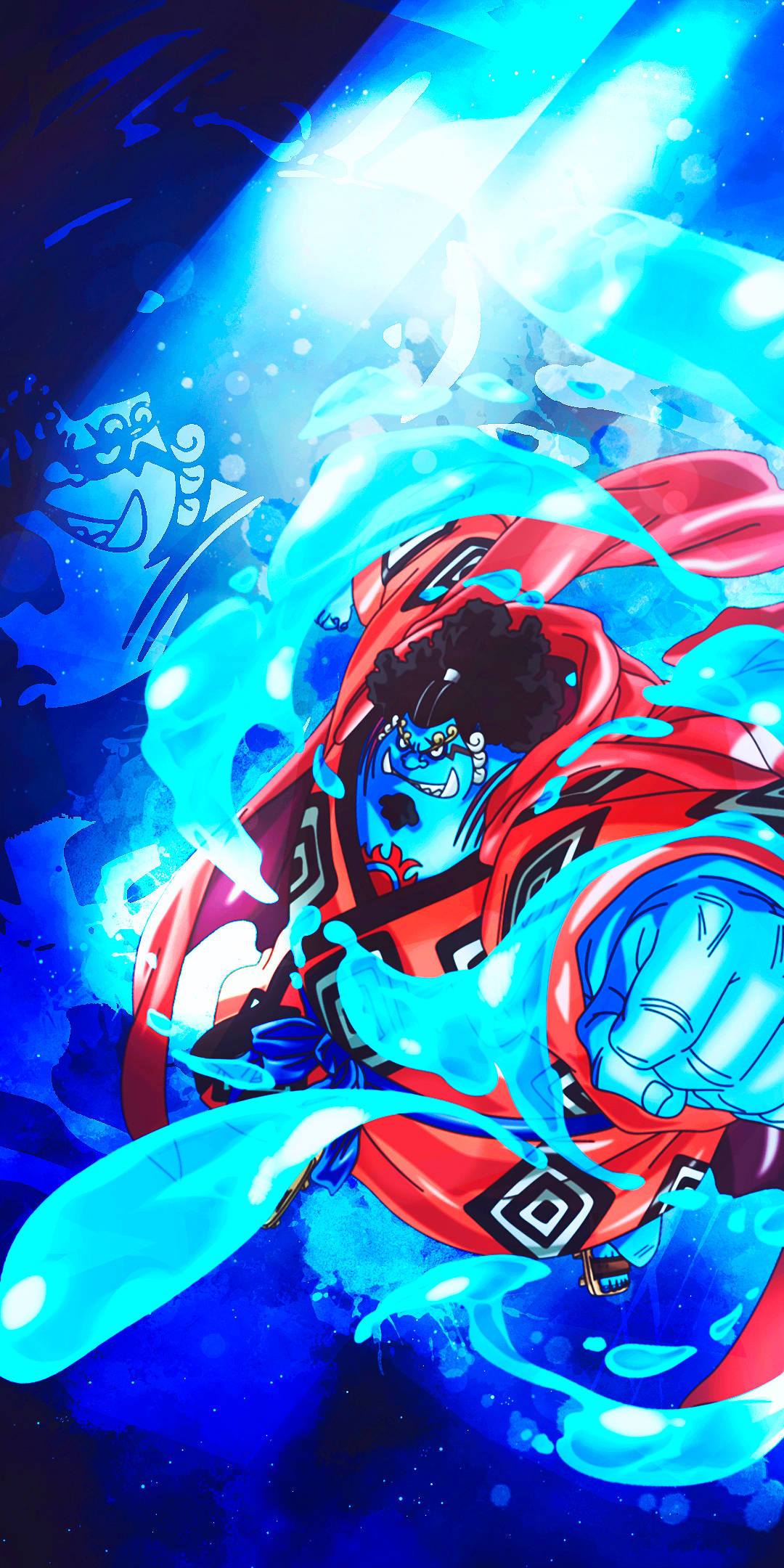 One Piece Blue 桌布 壁紙 — 一個身穿紅色盔甲的強大動漫角色在黑暗的宇宙背景下釋放出發光的藍色能量爆炸。