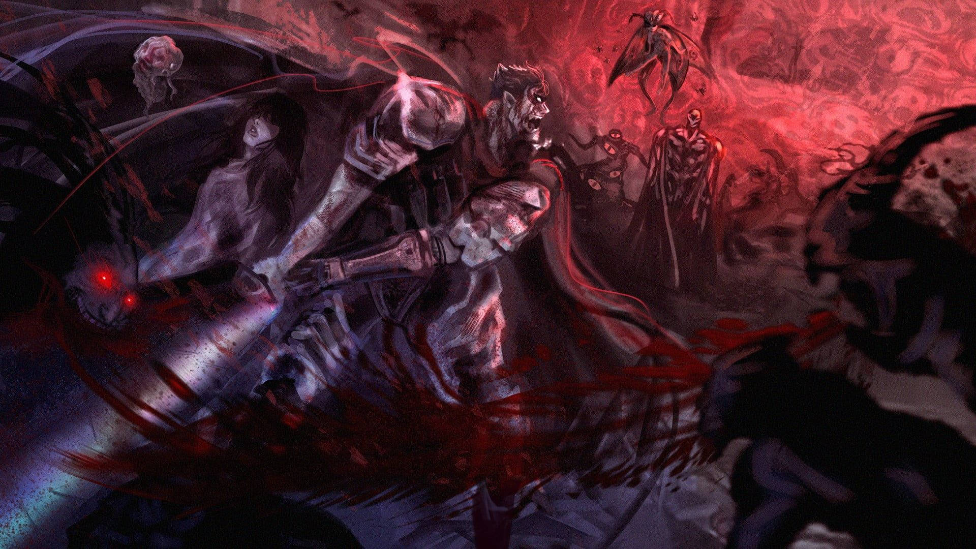 烙印勇士 桌布 壁紙 — 一個身穿紅色盔甲的惡魔戰士在混亂的戰鬥場景中劈開旋轉的深紅色能量和陰影人物。