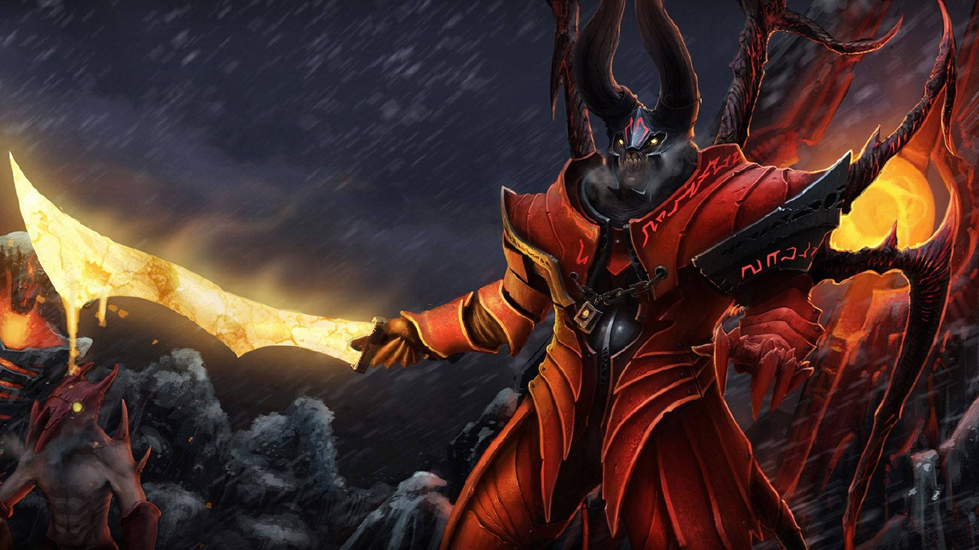 Dota 2 桌布 壁紙 — 一個身穿紅色盔甲的惡魔戰士在風暴和火焰的戰場上揮舞著發光的金色劍。