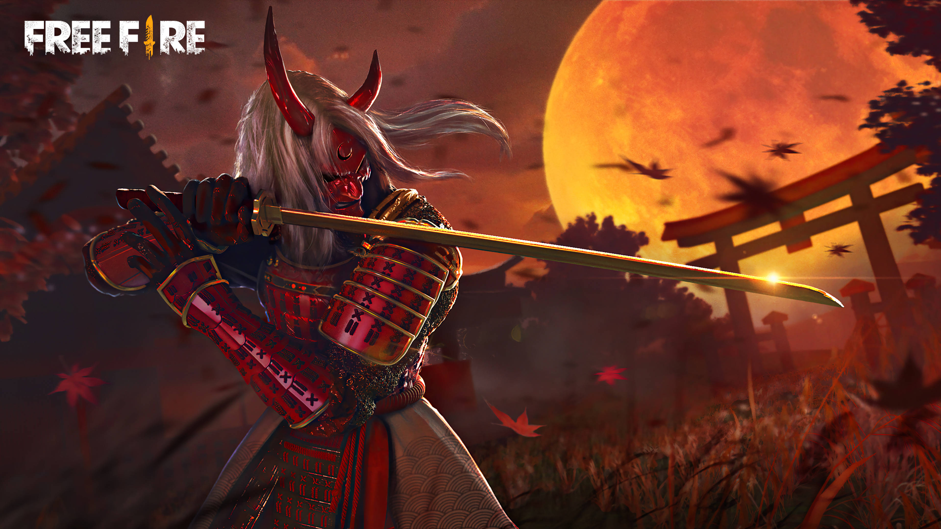 free fire bundle 桌布 壁紙 — 一個身穿紅色盔甲的惡魔武士在巨大的橙色月亮和鳥居前揮舞著發光的劍。