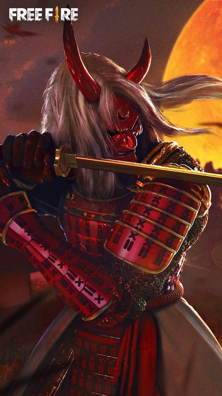 game 桌布 壁紙 — 一個身穿紅色盔甲的惡魔武士在熾熱的夕陽背景下揮舞著劍。
