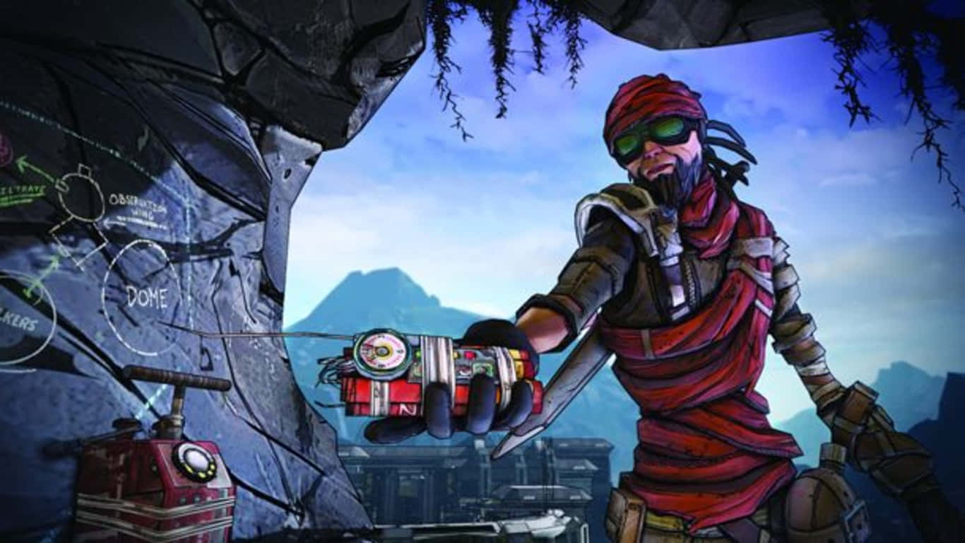 1366x768 Borderlands 3 桌布 壁紙 — 一個身穿紅色衣服的蒙面戰士在岩石洞穴中，手持帶有發光錶盤的未來武器，背景是山脈。