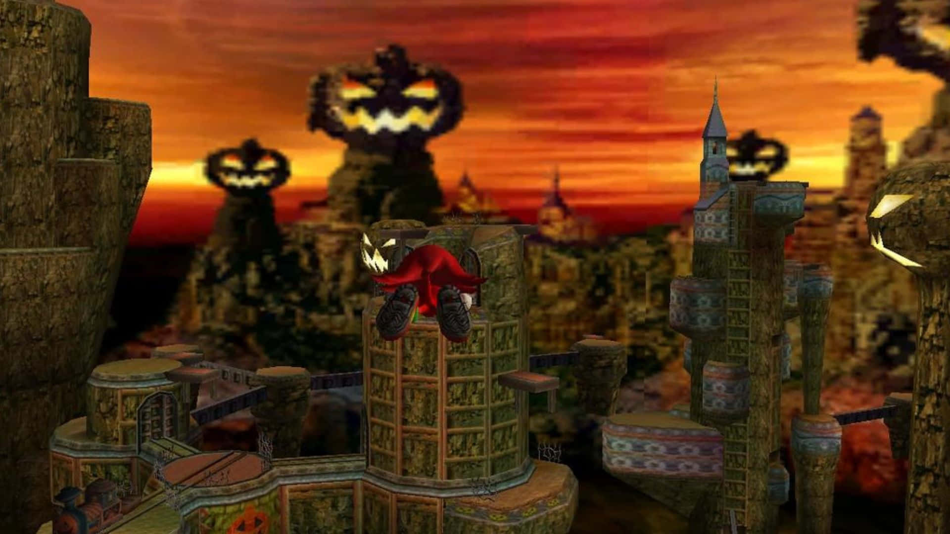 Sonic Pumpkin Hill 桌布 壁紙 — 一個身穿紅色衣服的角色跳過一個萬聖節主題的廢墟，南瓜燈塔在熾熱的日落天空下閃耀。