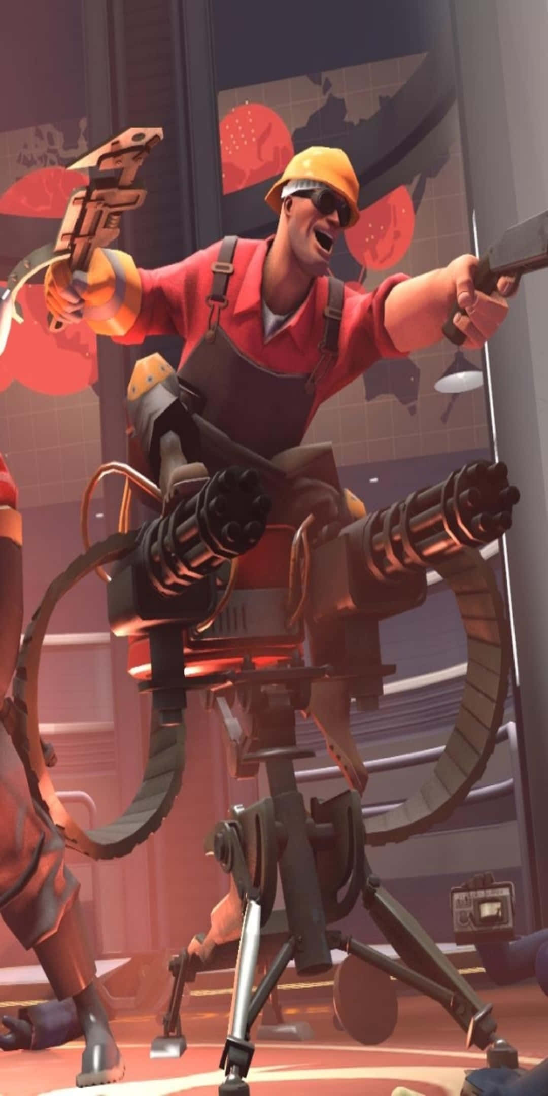 Tf2 桌布 壁紙 — 一個身穿紅色襯衫和黃色安全帽的愉快建築工人在未來工業環境中揮舞重型武器。