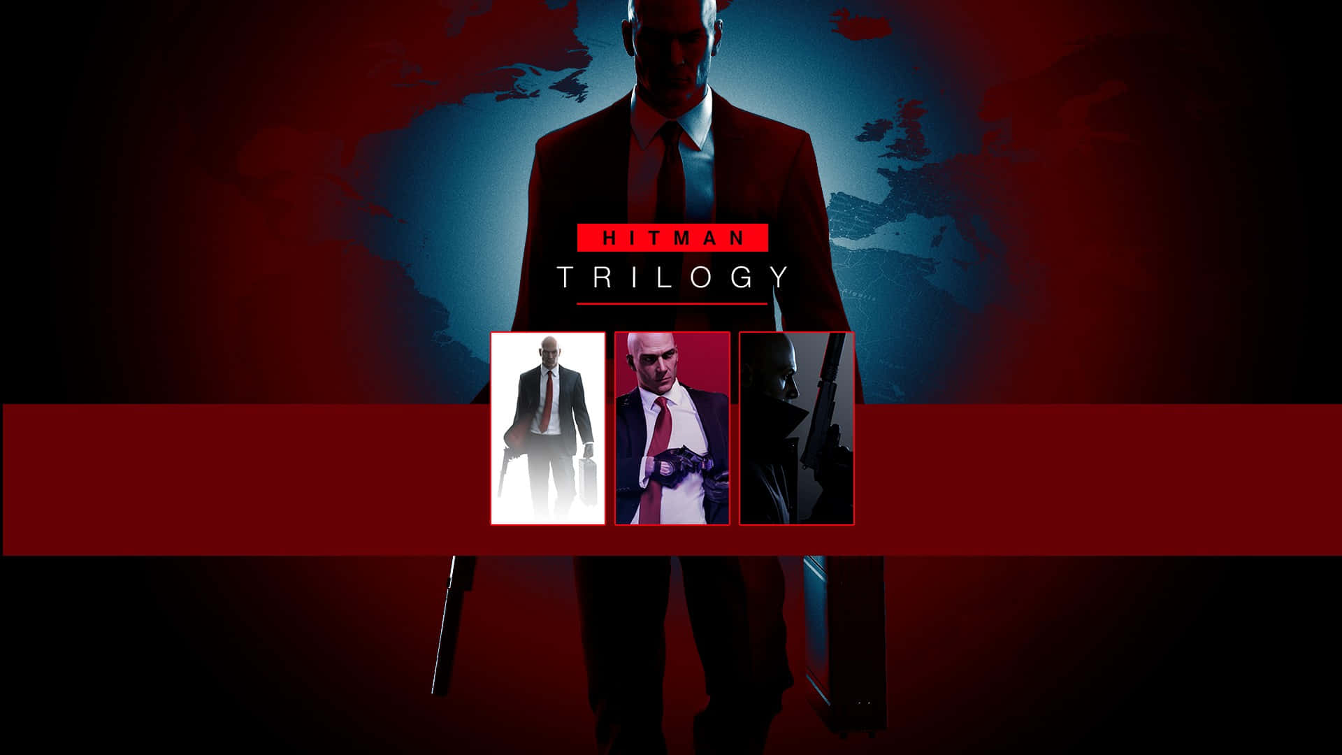 1920x1080 Hitman 2 桌布 壁紙 — 一個身穿紅色西裝的陰影刺客站在世界地圖前，下方有三個遊戲封面，沐浴在戲劇性的紅色和藍色燈光中。