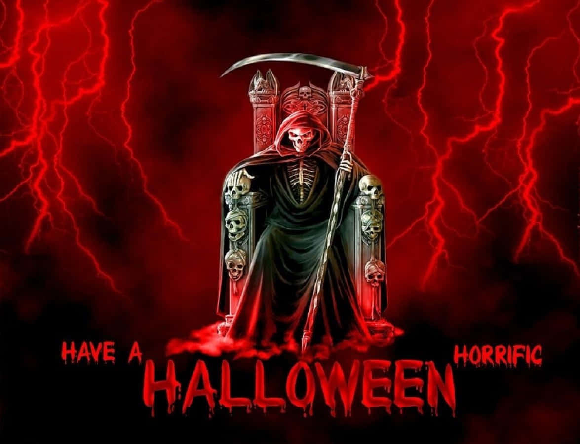 Vampire Costumes 桌布 壁紙 — 一個身穿紅色連帽斗篷的骷髏死神坐在一個裝飾著頭骨的寶座上，手持鐮刀，背景是紅色閃電。